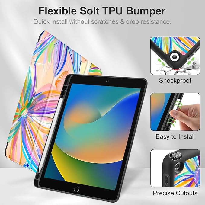 Mektron Designed Printed iPad 10.2 Case 9th Gen (2021)/ 8th Gen (2020)/ 7th Gen (2019) with Pencil Holder Slim Protective Case with Soft TPU Back for iPad 10.2 Inch Watercolor FlowerC328