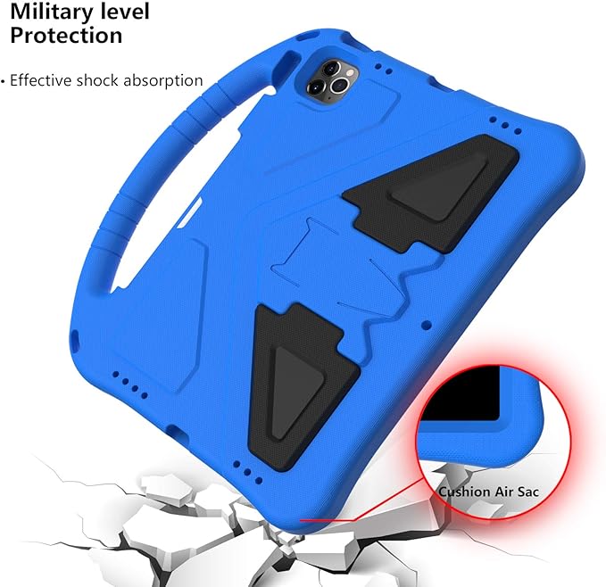 Kids Case for iPad Pro 11 2022/2021/2020/2018 iPad Air 5th/4th Generation With Pencil Holder Lightweight Shockproof EVA Foam Handle Stand Anti-Slip Grip Rugged Blue