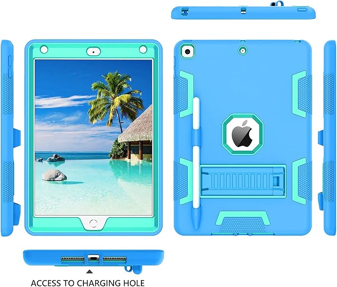 BENTOBEN Case for iPad 9th/8th/7th Gen Blue/Green 3 in 1 Heavy Duty Rugged Shockproof Protective Cover with Stand Pen Holder