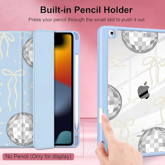 MEEgoodo Case for iPad 10.2 inchTablet Cases for iPad 9th Generation 2021/8th Gen 2020/7th Gen 2019 with Clear Acrylic Back Shell+Pencil Holder+Auto Wake/Sleep+Trifold StandSilver Disco Balls &amp