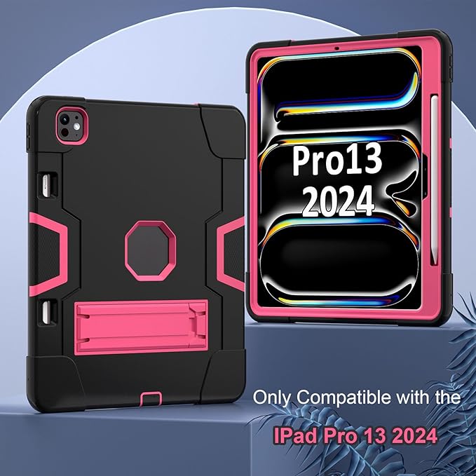 Tablet Case for iPad Pro 13 Inch M4 2024 (Model 7th Generation) Stand Heavy Duty Hard PC Soft Silicone Hybrid Protectice Case for iPad Pro 13” A2925 A2926 A3007 Black/Rose Red