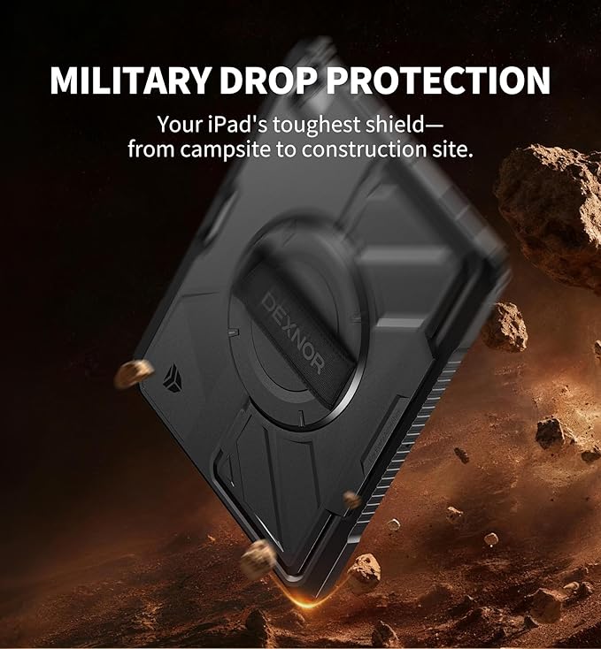 Dexnor Case for iPad Air 13 inch M4/M3/M2 (2026/2025/2024) Rugged Protective Case with 360° Rotating Hand Strap&amp Steady Stand&amp Screen Protector&amp Pencil Holder Shockproof Full-Body Bumper