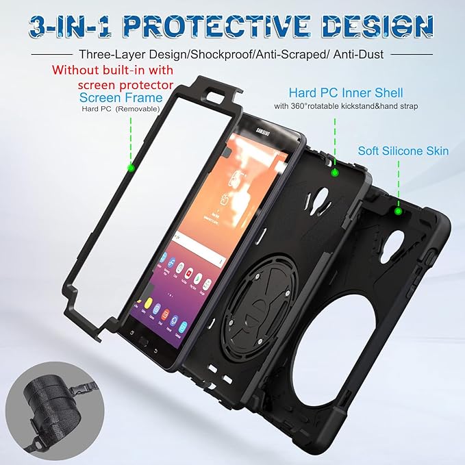 Case for Samsung Galaxy Tab A 8.0 Released 2017 Tablet SM-T380/SM-T385 360 Rotating Kickstand Hand Shoulder Strap Shockproof Rugged Kids Cover Black