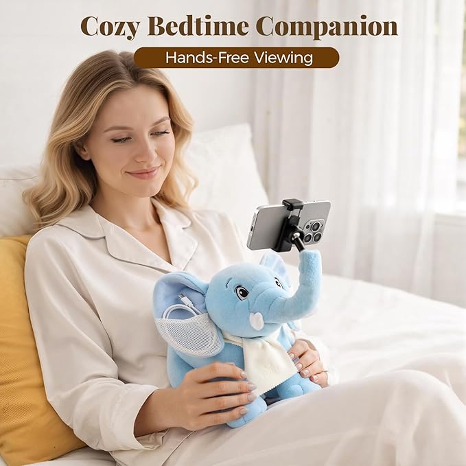 Phone Stand 360°Rotating Desk Phone Stand with 45°Adjustable Trunk Ear Pockets Glasses Cloth Scarf - Plush Phone Holder Back Fits Headphones Cell Phone Stand for desk Bed Sofa Car-Gray/Blue