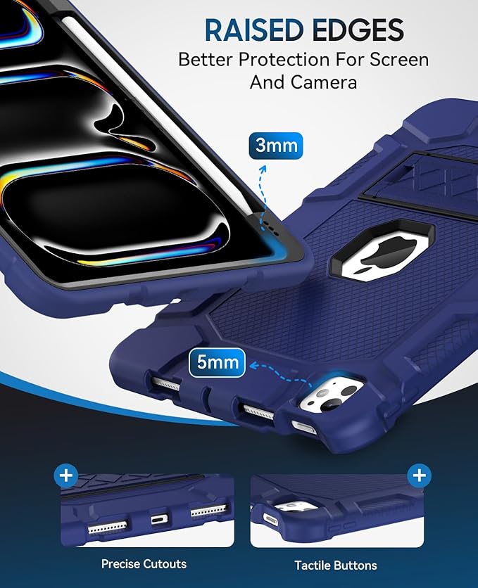 Case for iPad Pro 11 Inch Case (M5 2025/ M4 2024) with Pencil Holder Built-in Stand Military Grade Shockproof Protective Cover for iPad Pro 11 (Navy Blue)