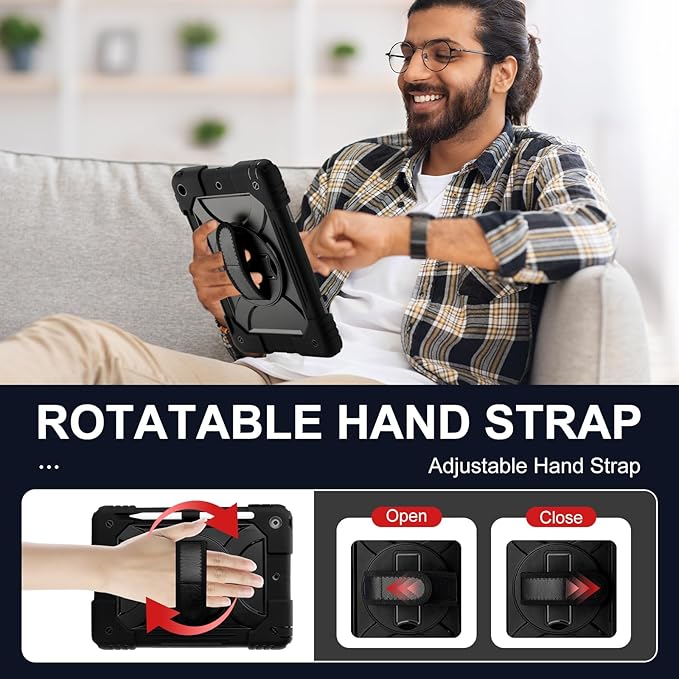 for iPad 9th/8th/7th Generation CaseiPad 10.2 Case 2021/2020/2019 with Cute Key Chain Rugged Protective Case with 360°Rotating Stand &amp Shoulder Hand Strap &amp Pen Slot for 10.2 Inch (Black)