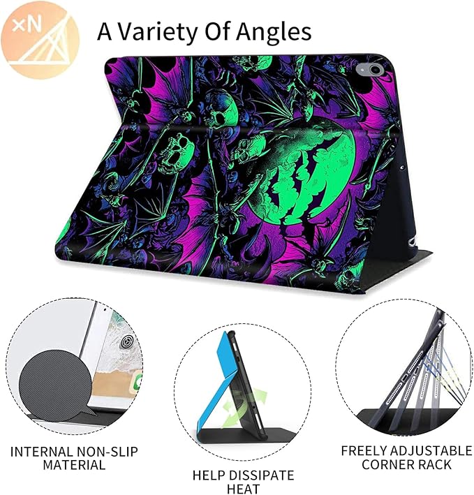 Case for iPad (A16) 11th Generation 11 Inch (2025) for iPad 10th Generation Case 10.9 Inch (2022) - Slim Shockproof Shell PU Leather Stand Cover w/Auto Sleep Wake-Gothic Bats Skull Bone Horror