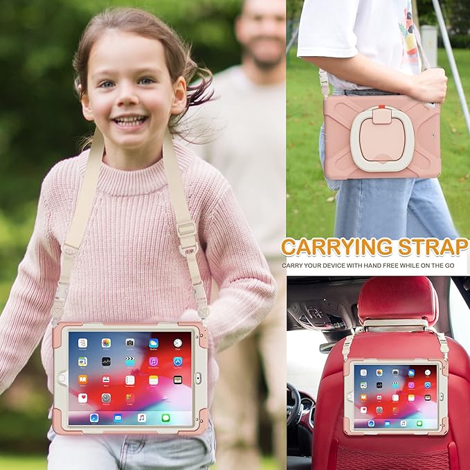 BRAECN Kids iPad Case Rugged Silicone Cover with Hand Grip Pencil Holder Shoulder Strap Stable Kickstand for iPad 9.7 inch 2018/2017/2016/2014 Rose Gold