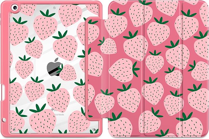 MEEgoodo Case for iPad 10.2 inchTablet Cases for iPad 9th Generation 2021/8th Gen 2020/7th Gen 2019 with Clear Acrylic Back Shell+Pencil Holder+Auto Wake/Sleep+Trifold StandMinimalist Strawberry