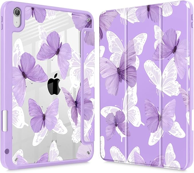 May Chen Case for iPad Air 13 Inch M4 2026 M3 2025 M2 2024 [Built-in Pencil Holder] Shockproof Cover with Clear Transparent Back Shell Auto Sleep/Wake Cover Butterfly