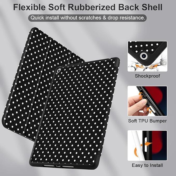 MEEgoodo Case for iPad 10.2 inch Case for iPad 9th Generation 2021/8th Generation 2020/7th Gen 2019 Tablet Cover with Trifold Stand+Pencil Holder+Auto Wake/Sleep+Soft TPU Back CoverWhite Polka Dot