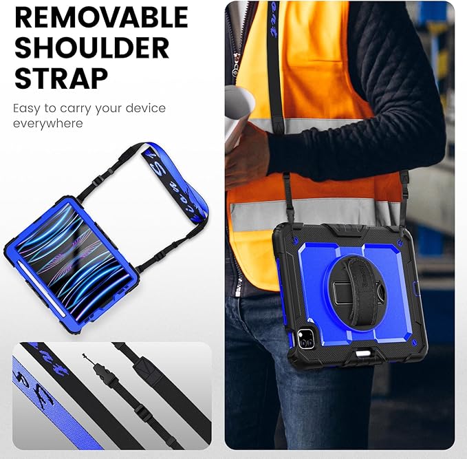 Timecity Case for iPad Pro 11 inch 4th Generation 2022 Shockproof Case with Screen Protector &ampPencil Holder+Rotating Stand+Handle for iPad Pro 11 2021/2020/2018 (3rd 2nd 1st Gen) - Dark Blue