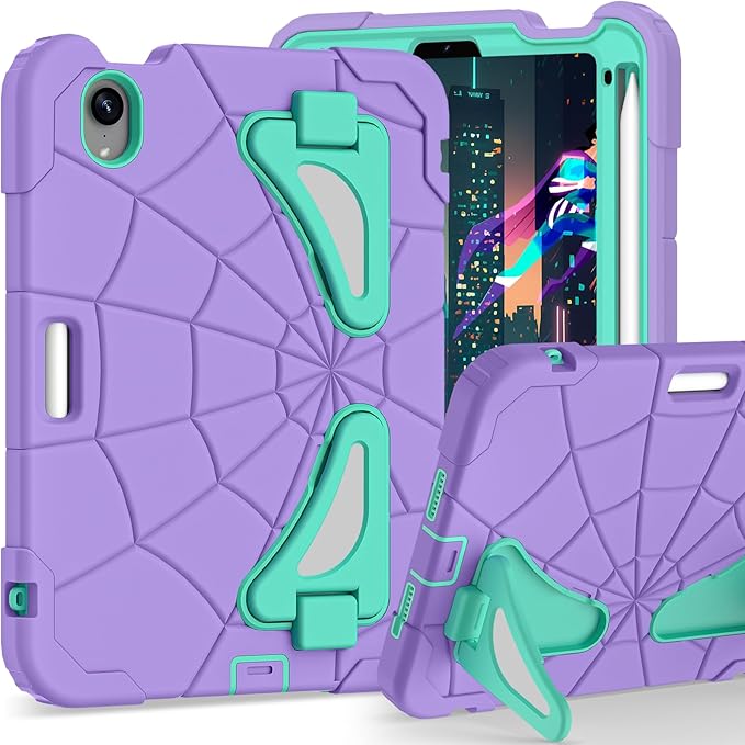 Kids Case for iPad mini 7 A17 Pro 2024/ Mini 6 8.3 inch Spider Case for iPad mini 7th 6th Generation Shockproof Durable Full Protective Cover with Pencil Holder Kickstand (Purple)