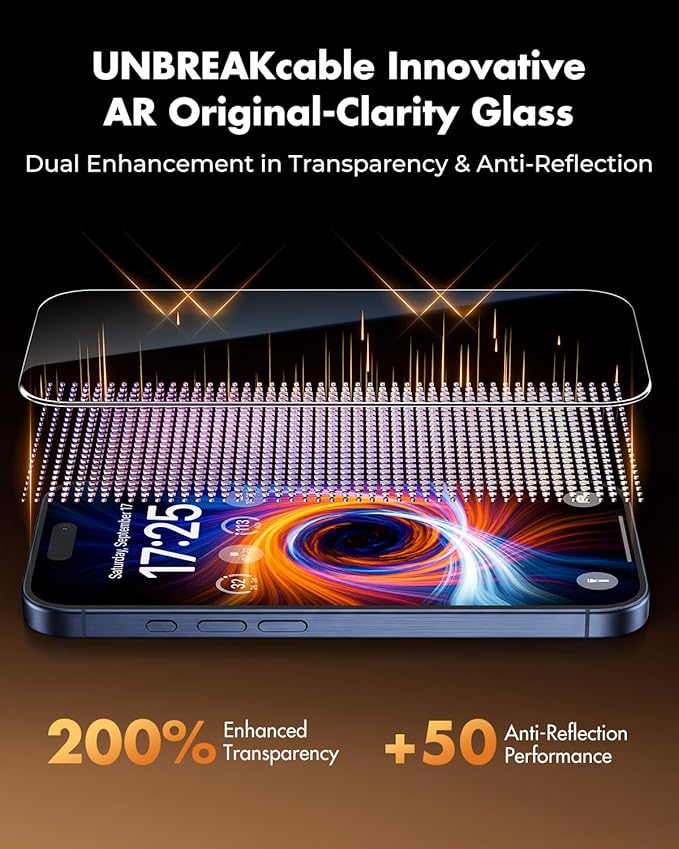 UNBREAKcable 2 Pack for iPhone 15 Pro Max Screen Protector AR Anti Reflection 9H+ Tempered Glass Anti-Glare Enhanced Clarity Anti-Blue Light Polishing Cloth Included