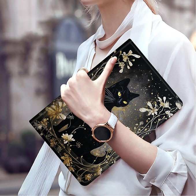 FUYOCWE for Fire Max 11 Tablet Case (13th Generation2023 Release)PU Leather Slim Adjustable Stand Smart Flip Cover for Amazon Kindle Fire Max 11 inch 13th Gen-Black Cat with Gold Floral