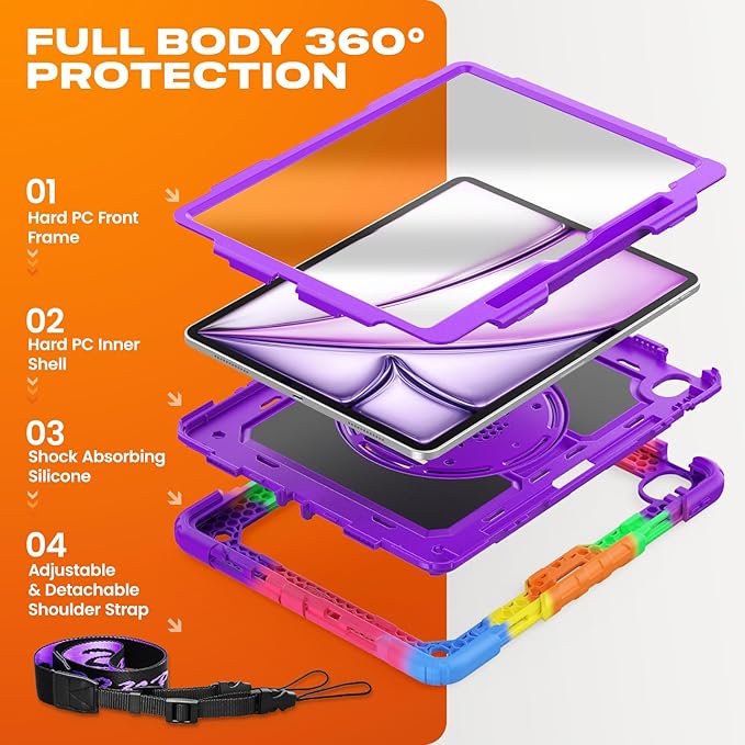 SEYMAC stock Case for iPad Air 13-inch M4-M2 2026-2024 (Gen 8-6) Shockproof Heavy Duty Case with Screen Protector Pencil Holder Rotating Stand Hand Strap Shoulder Strap Purple