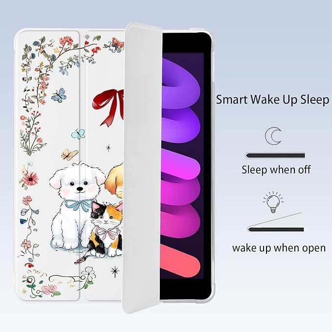 Cute Kawaii Kitten Puppy for iPad Air 11 Inch Case 7th/6th Generation (M3/M2) 2025/2024 with Pencil Holder Auto Sleep/Wake White Leather Soft TPU Back Cover