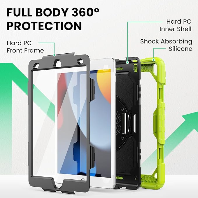 SEYMAC Case for iPad 9th/8th/7th Generation 10.2 inch 2021-2019 Heavy Duty Protective Shockproof Case with Screen Protector Rotating Stand/Handle/Shoulder Strap for iPad 10.2 Green
