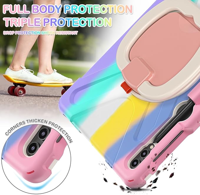 BATYUE Case for Samsung Galaxy Tab S10+ Plus /S9 FE+ Plus /S9+ Plus /S8+ Plus /S7+ Plus /S7 FE 5G 12.4 inch Shockproof Protective Tablet Case with Shoulder Strap Kickstand Rainbow