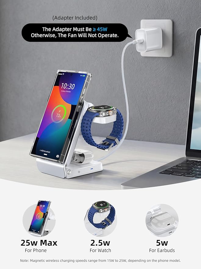 Wireless Charger for Samsung – 25W Magnetic Qi2 Charger with Active Cooling &amp 45W Adapter 3 in 1 Foldable Charging Station for Samsung Galaxy S26 Ultra Galaxy Watch 8 &amp Buds4 for Android De