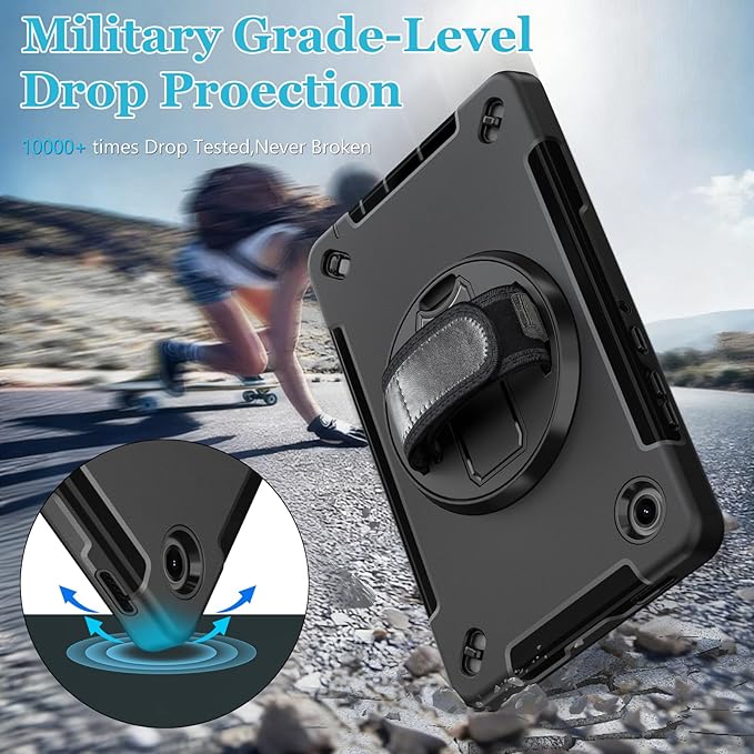 Case for Galaxy Tab A11 8.7 Inch: TPU Samsung Tablet A11 Cover 2025 with 360° Rotating Stand- Screen Protector -Hand Strap - Shoulder Strap - Pencil Holder - Black