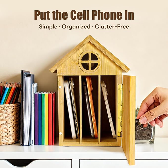 Cell Phone Box for Family Time — Premium Bamboo Phone Storage Box with Charging Ports Holds Up to 6 Phones Self-Discipline Phone Holder Helps Children and Adults Regain Focus Decorative