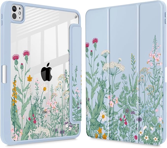 May Chen Case for iPad Pro 11-Inch M5/M4 2025/2024 (6th/5th Generation) Clear Transparent Print Back Shell Slim Stand Shockproof Tablet Cover Auto Wake/Sleep Herbs Flowers