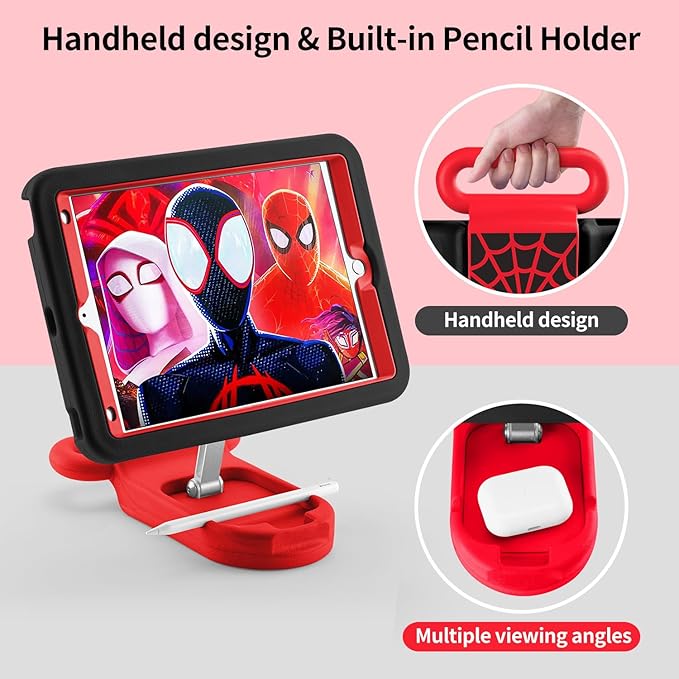 Kids Case for iPad 7th/8th/9th GeniPad 10.2 inch 2021/2020/2019 Case with Adjustable Portrait Landscape Stand HandleHeavy Duty Protective Kids Child Friendly Cover for iPad 10.2 inch. (Black-Red)