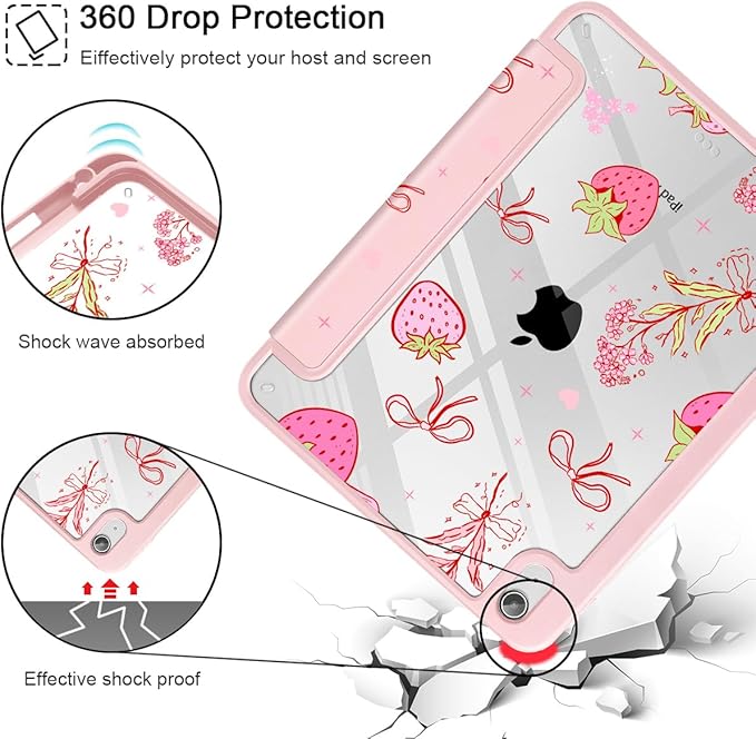 May Chen for iPad Air 11-inch M4/M3/M2 (2026/2025/2024) iPad Air 5th/4th 10.9 Inch - Shockproof Cover with Clear Back Shell &amp Penceil Holder Auto Wake/Sleep Stand Cover Strawberry Bow