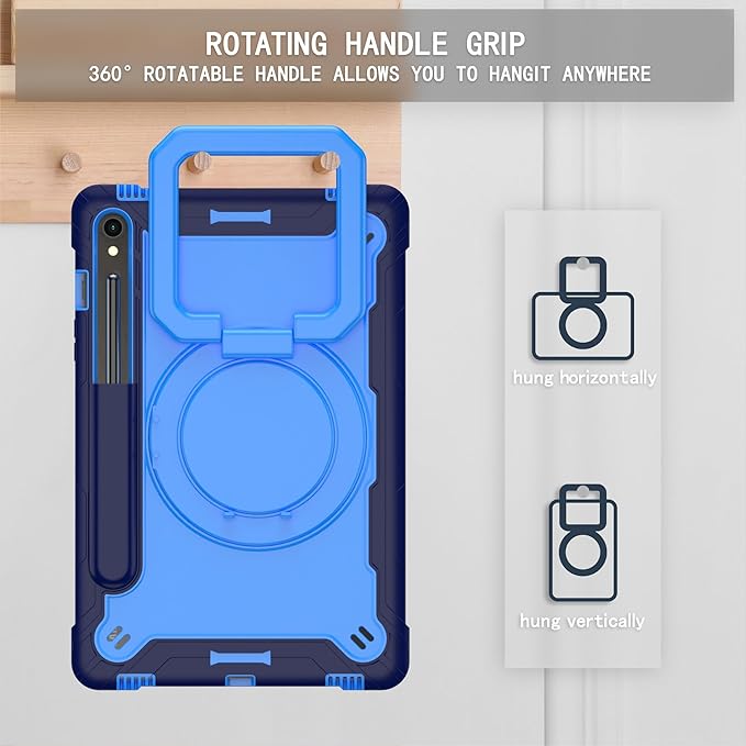Case for Galaxy Tab S9 FE+/Tab S9+ 12.4 inch Rugged Armor Heavy Duty Hybrid Cover with Adjustable Stand and Handle for Tab S9 Plus 12.4 with Shoulder Strap and S Pen Holder (Blue/Light Blue)