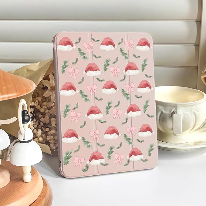 MAYCARI Cute Bow Christmas Hat Case for Ipad 5Th Stylish Xmas Tree Leaves Cover for Ipad Auto Sleep/Wake Anti-Slip Shockproof Leather Soft TPU Back Case with Pencil Holder(Girls Women Kids)