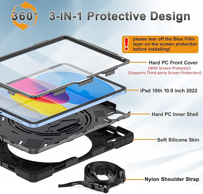 BRAECNstock for Apple iPad (A16) 11th/10th Generation Case 11/10.9 2025/2022 Shockproof Protective Case with Screen Protector Pencil Holder 360° Rotating Stand &amp Hand Strap Shoulder Strap B