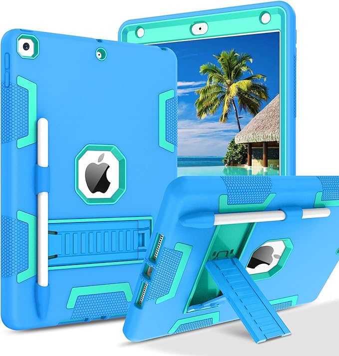 BENTOBEN Case for iPad 9th/8th/7th Gen Blue/Green 3 in 1 Heavy Duty Rugged Shockproof Protective Cover with Stand Pen Holder
