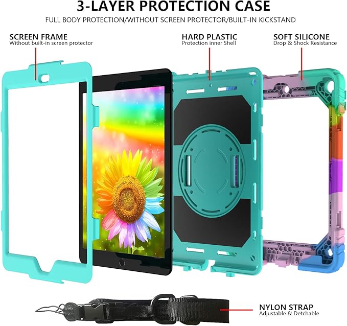 for iPad 9th/8th/7th Generation CaseiPad 10.2 Case 2021/2020/2019 with Cute Key Chain Rugged Protective Case with 360°Rotating Stand &amp Shoulder Hand Strap &amp Pen Slot for 10.2 Inch (Rainbow