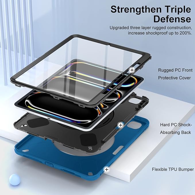 Miesherk Case for iPad Pro 13 Inch Military Grade Heavy Duty Shockproof iPad 13 Case (2024 7th Generation) - Screen Protector Rotating Stand Pencil Holder Hand/Shoulder Strap Blue