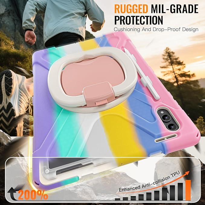 for Galaxy Tab S11 Ultra Rotating Case 14.6inch Heavy Duty Hybrid Rugged Case with S Pen Holder Shockproof Kids Cover with 360 Rotation Stand/Shoulder Strap (Colourful Pink)