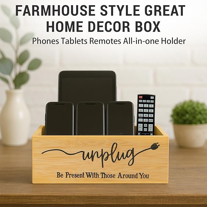 Bamboo Wood Phone Box – Unplug from Phones Tablets and Electronics for Study Meetings and Family Time Phone Holder Organizer with Charging Holes Farmhouse Style Holds Up to 18 Phones-Wood