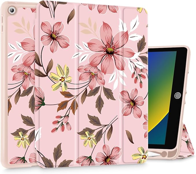 Mektron Designed Printed iPad 10.2 Case 9th Gen (2021)/ 8th Gen (2020)/ 7th Gen (2019) with Pencil Holder Slim Protective Case with Soft TPU Back Auto Wake/Sleep for iPad 10.2 Inch Floral C293