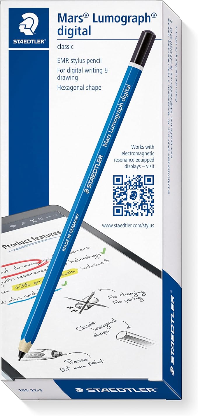 STAEDTLER Mars Lumograph Classic Digital Stylus Pen: No Charging EMR Palm Rejection 4.096 Pressure Levels Hexagonal Shape Natural Writing and Drawing on Touchscreen Tablet Laptop Phone