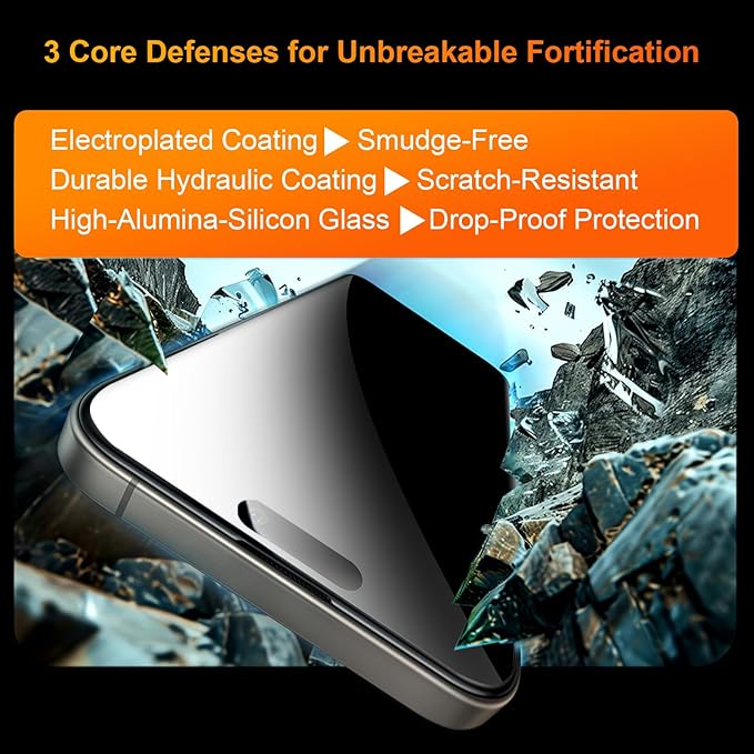 OneFish 2 Pack Privacy Screen Protector for iPhone 15 Pro - 4-Way 360° Anti-Spy Tempered Glass 9H Hardness 3D Curved Edges Case-Friendly &amp Easy Installation