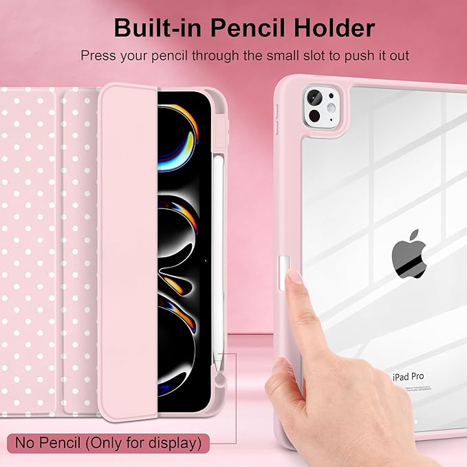 Case for iPad Pro 11 Inch (M5 2025 M4 2024) – [Built-in Pencil Holder] Shockproof &amp Stylish Clear Hard Back + Soft TPU Edge Magnetic Trifold Stand Auto Wake/Sleep Pink White dot