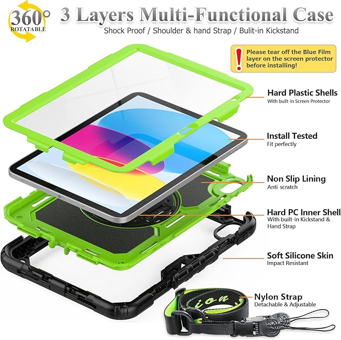 SEYMAC stock Case for iPad (A16) 11th/10th Generation 11''/10.9'' 2025/2022 Full-Body Drop Protection Case with Screen Protector &amp360° Rotate Hand Strap/Stand Green+Black