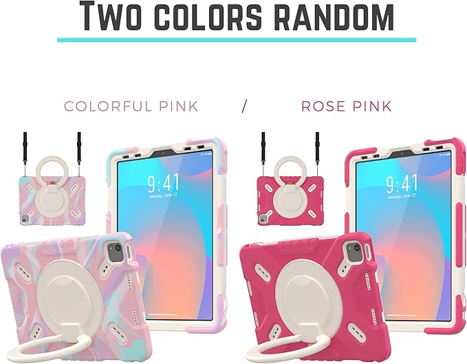 Pepkoo Triple Shockproof Case for iPad Air 5th/4th Generation 10.9 inch 2022/2020 and iPad Pro 11 Case 2022 2021 2020 2018 Gen Kids Boy Girl Cover with Kickstand &amp Shoulder Strap (Pink)