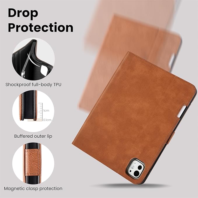Handmade Case for iPad Pro 11 Inch (M5/M4) 2025/2024 with Pencil Holder PocketMagnetic ClosureAuto Sleep/WakeVegan Leather Folio Protective CoverMulti Angles StandBrown