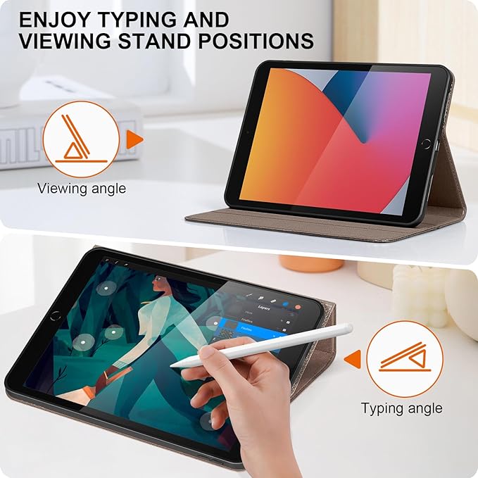 Genuine Cowhide Leather Case for iPad 10.2 inch 7th/8th/9th Gen (2019-2021) - Dual Angle Stand Auto Wake/Sleep Folio Cover with Magnetic Closure Gray Brown