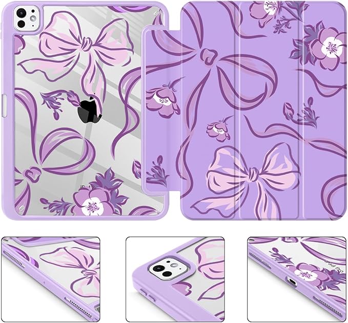 Mektron Case for M5/ M4 iPad Pro 11 inch 2025/2024 with Pencil Holder Compatible Models: A3357/A3358/A3359/A2836/A2837/A3006 Shockproof Cover Clear Shell Flowers-Bows-Purple