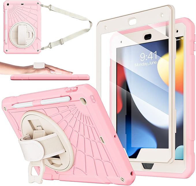 for iPad 9th Generation 2021/ iPad 8th Generation 2020/ iPad 7th Generation 2019 Case with Screen Protector Pencil Holder [360° Rotating Hand Strap] &amp Stand for iPad 10.2 inch (Pink)