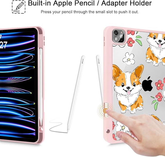 May Chen for iPad Pro 11 inch M2 4th Generation 2022 iPad Pro 11 3rd/2nd/1st Gen Built-in Pencil Holder with Shockproof Cover Clear Transparent Back Shell Auto Wake/Sleep Corgi Dog Stripes