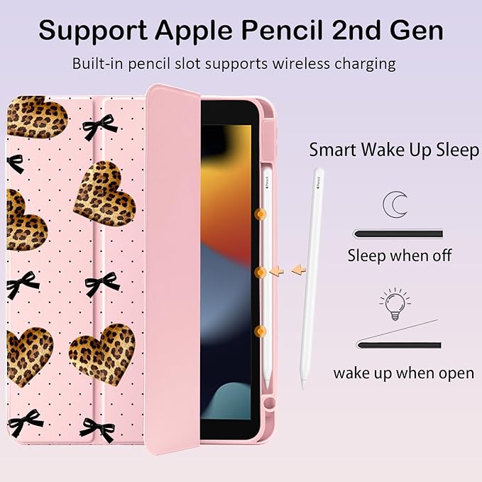 Cute Leopard Print Heart Bow for iPad Air 11 Inch Case 7th/6th Generation (M3/M2) 2025/2024 with Pencil Holder Auto Sleep/Wake Pink Leather Clear Acrylic Back Cover