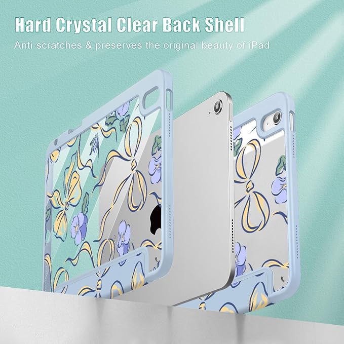 Case for iPad (A16) 11th Gen 11 Inch 2025 iPad 10th Gen 10.9 inch 2022 with Pencil Holder Slim Printed Stand Protective Cover with Hard PC Translucent Back Shell Cover Pansies Bows
